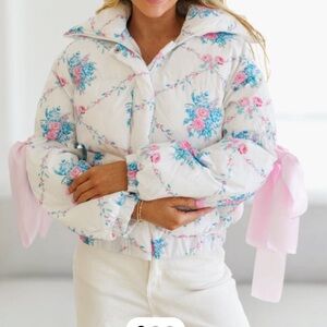 TCEC White Floral Puffer Jacket with Pink Accents
